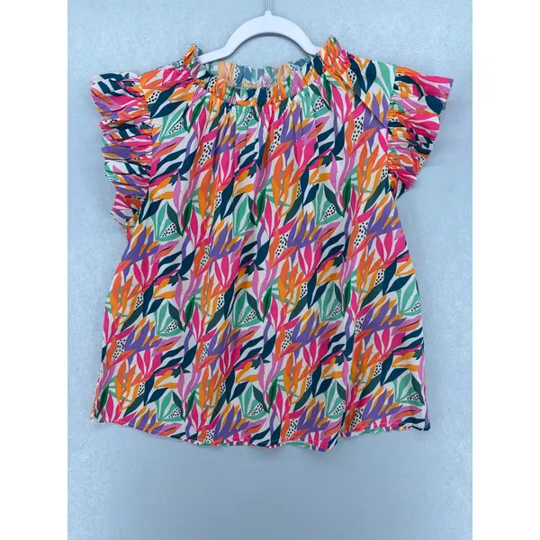 THML Womens Blouse Tropical Leaf Print‎ Ruffle Sleeve Elastic Neck M - Image 2