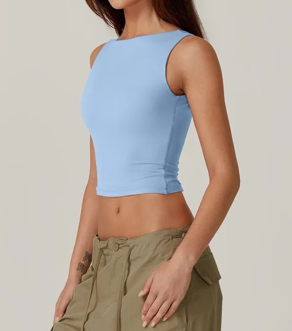 QINSEN Women's Sexy Open Back Sleeveless Crop Tank High Neck Slim Fit Cropped Tee Shirt Y2k Tops Size S . NWT - Image 4
