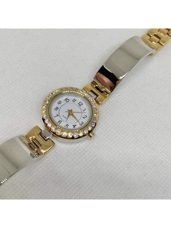 Women’s silver gold tone watch rhinestones 26mm quartz analog white dial running - Image 2