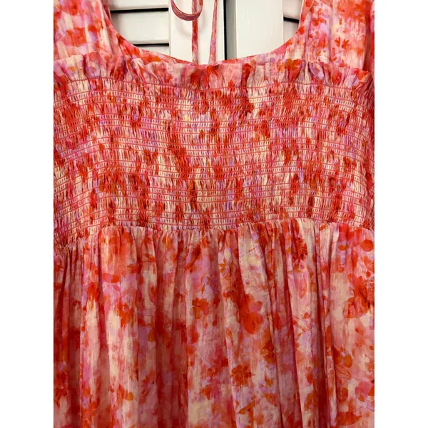Anthropologie Smocked Babydoll Midi Dress Pink Orange Floral M Medium - Image 8