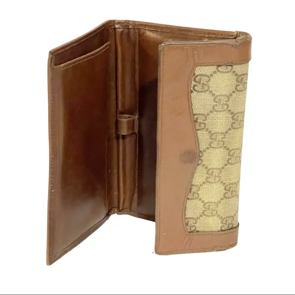 Gucci Vintage Brown Leather Cloth Wallet‎ Check Holder Snap Zipper - Image 3