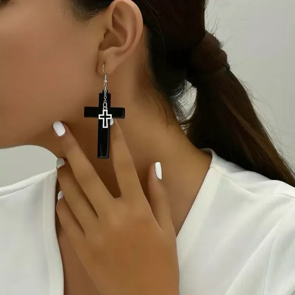 Unique design double‎ layer black cross light weight plastic dangle earrings - Image 11