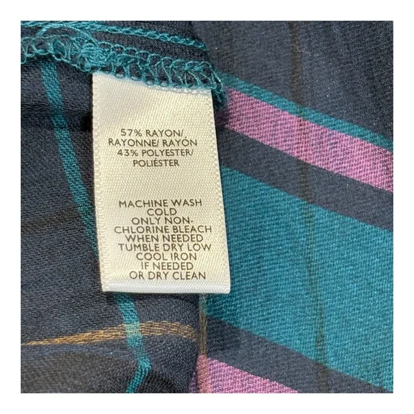 LOFT Plaid Blouse Women Medium Blue Teal Purple‎ Bell Sleeve V-Neck Strappy Back - Image 8