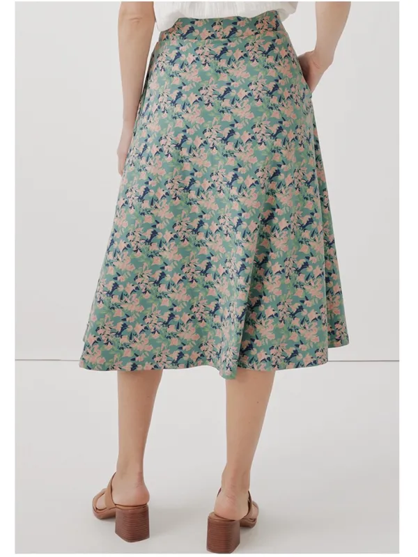 Pact Organic Cotton Fit & Flare A-line Skirt Size Large Green and Pink Pattern - Image 2