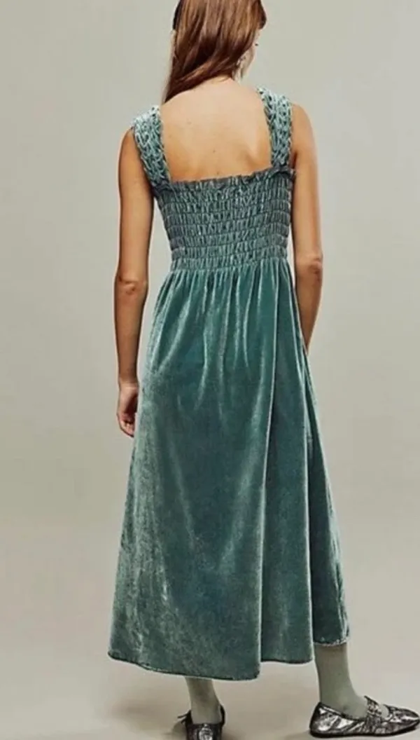 Free People Camille Midi Dress Velvet Smocked Boho Sapphire Women's Size: XS - Image 2