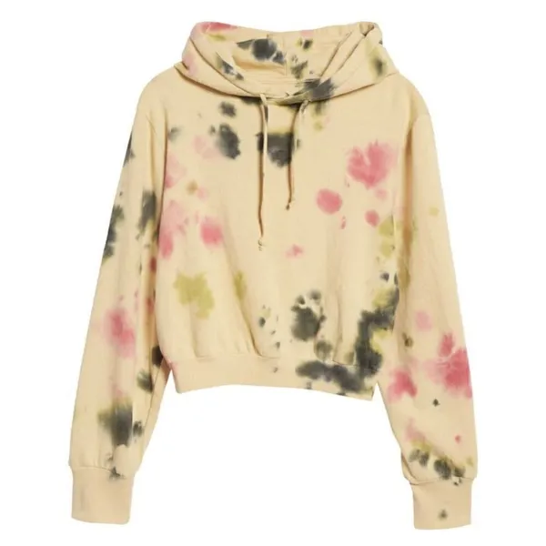 NEW AFRM Cropped Hoodie Sweatshirt SMALL Beige Tan Pink Tie Dye Drawstring NWT - Image 3