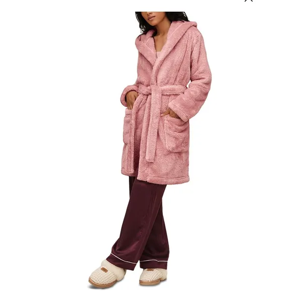 UGG Aarti Hooded Fleece Robe Dusk Pink 1121091 Plush Loungewear M - Image 6