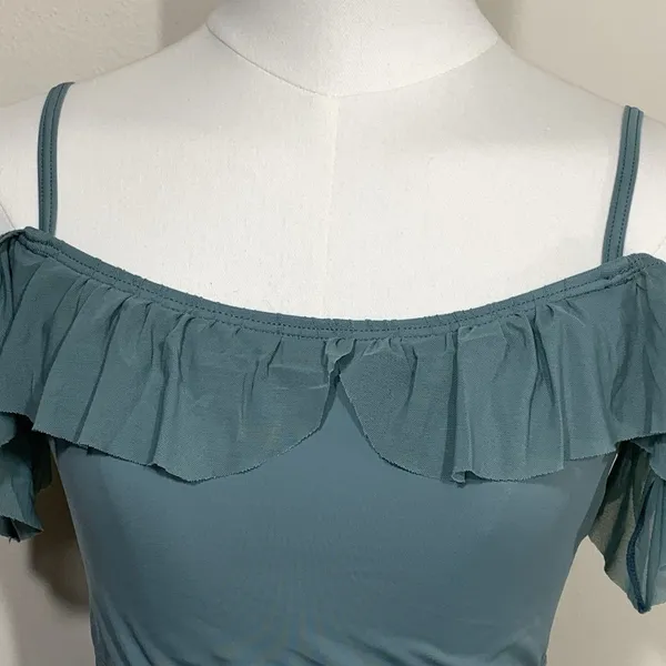 Balera Dance Crop Top Womens Small Teal Ruffle Mesh Cold‎ Shoulder Performance - Image 4