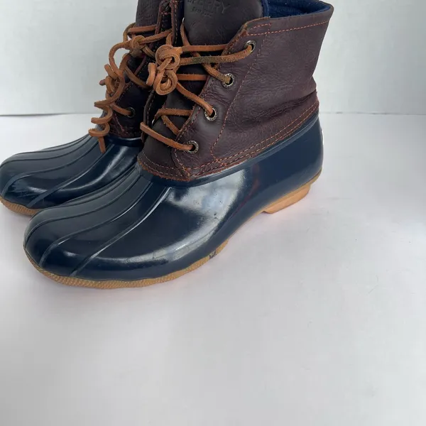 Sperry STS91175 Saltwater Duck Rain Winter Brown Leather Navy Lace Up Boots 7M - Image 4