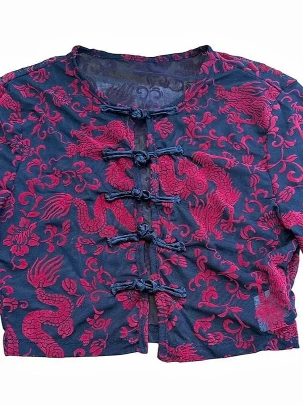 Soly Hux Dragon Print Mesh Crop Top Chinese Frog Button Bell Sleeve NWT Size XS - Image 2
