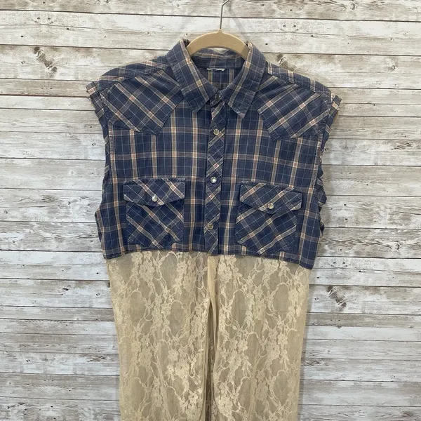 Vtg Gypsy South Atlanta L Reworked Sleeveless Plaid Lace Tunic Vest & Shirt Y2K‎ - Image 10