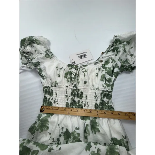 Saints + secrets Midi Dress White Olive Floral Puff Sleeve Scoop Neck‎ XS NWT - Image 5