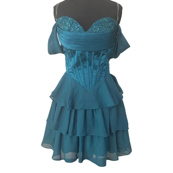 Teal Sequin Corset Mini Dress Off Shoulder Ruffle Tiered Lace Up Prom Formal S/M - Image 2