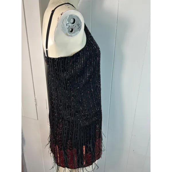 Parker Red/Black Monaco Beaded Feather Hem Flapper Mini Dress Size S - Image 7
