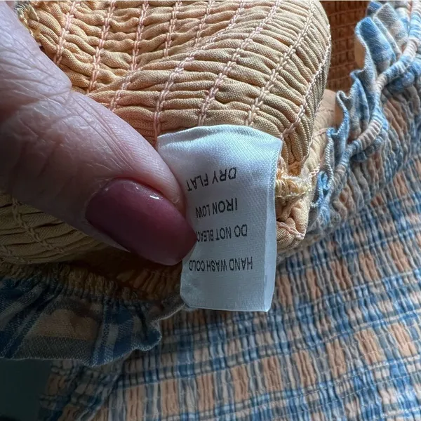 Mable Southern Peach Plaid Deep V Neck Smocked Skirt Puff‎ Sleeve Mini Dress - Image 8