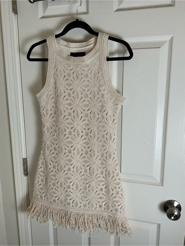 Zara Cream Crochet Knit Fringe Hem Mini Dress Size Small S NWT - Image 2