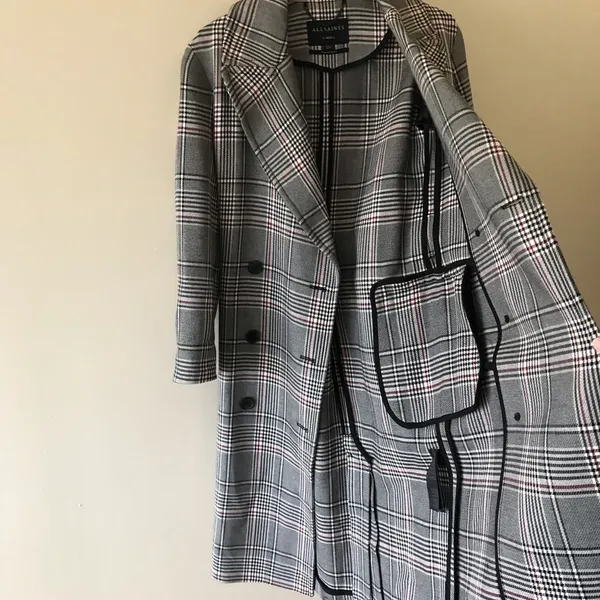 All Saints Tyla Check Plaid Wool Blend Belted Long Trench Coat - Image 10