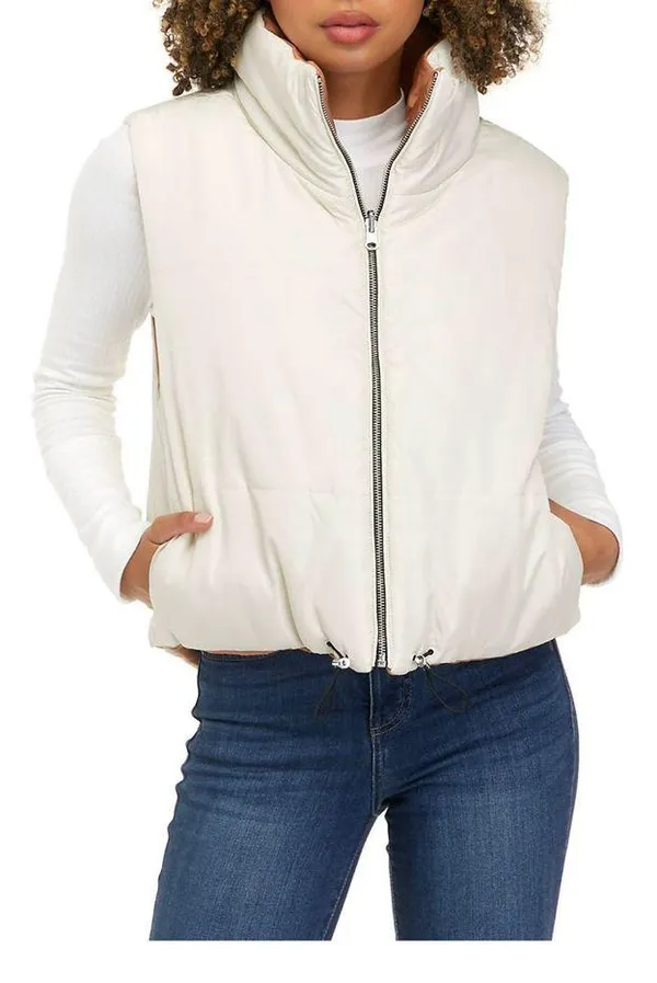 Vine and Valley Puffer Vest Reversible Cozy Zip Jacket Beige Tan Womens M New - Image 15