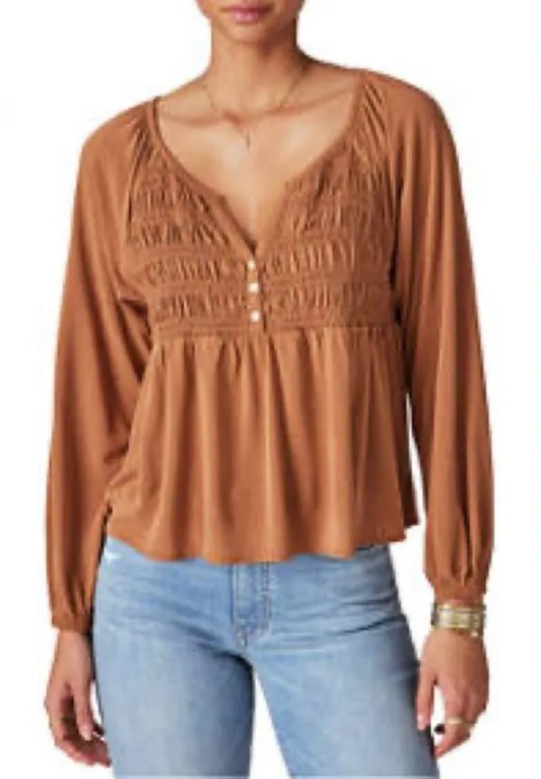 Lucky Brand Long Sleeve Smocked Top brown size large cropped modal i - Image 3