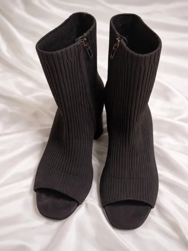 Black Ribbed Sock Ankle Booties with Block Heel - Image 3