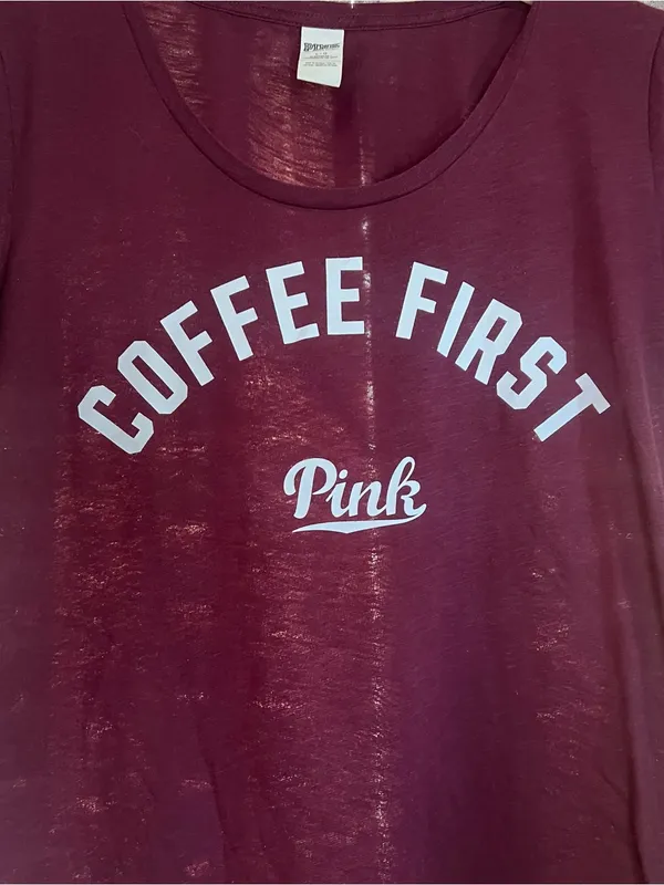Y2K PINK Victoria's Secret Women's 'Coffee First' Deep Wine Tee Size Large - Image 8