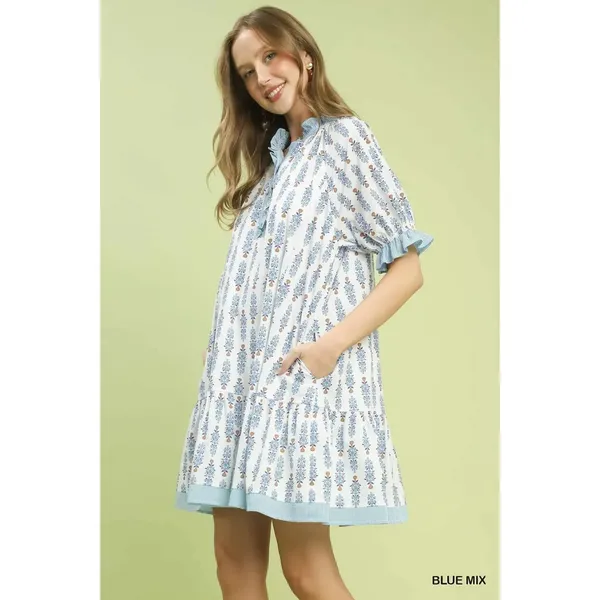 Umgee Striped Trim Floral Tiered Mini Dress - Blue Mix - Medium - Image 2