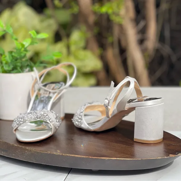 Badgley Mischka White Jeweled Block Heel Sandals - Image 7