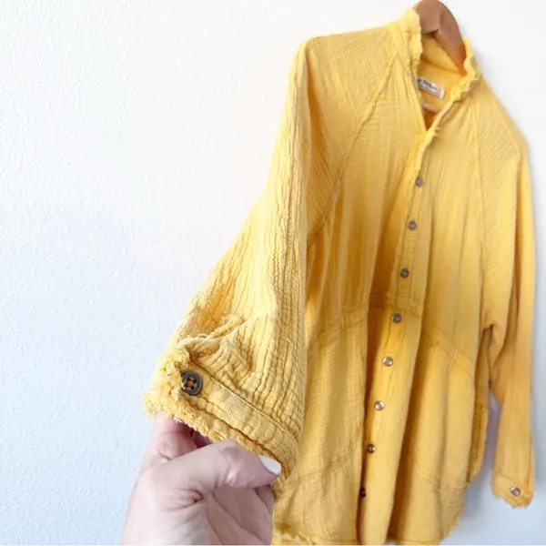 Free People We The Free Oversized Gauze Button Down Top Yellow Boho Shirt - Image 4
