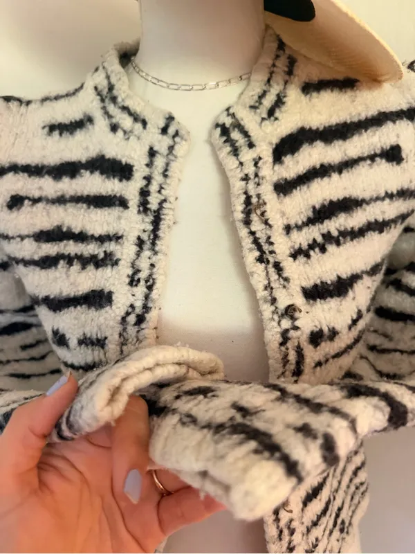 Ulla Johnson Black & Cream Zebra-Print Cropped Teddy Jacket 100%Merino Wool - Image 5