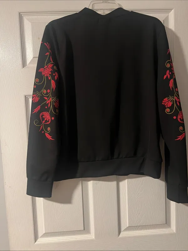 Boohoo Black Bomber Jacket with Red Floral Embroidery - Image 4