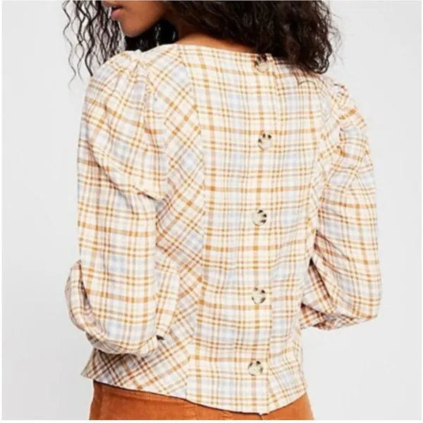Free People Top Button Back Puff Sleeve Plaid Tan Blue S - Image 2