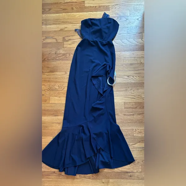 Lucy in the Sky Strapless Navy Back Bow Corset Maxi Dress - Image 4