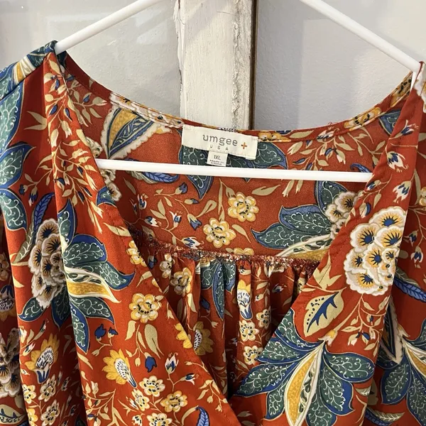 Umgee Plus 1XL Floral Paisley Chiffon Shift‎ Tunic Dress Orange Boho Bell Sleeve - Image 2