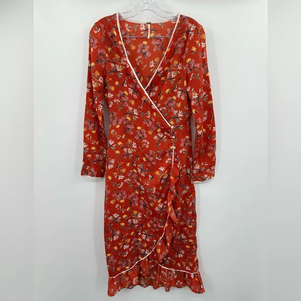 Free People Covent Garden Orange Rust Floral Ruffle Faux Wrap Midi Dress Size‎ 4 - Image 2