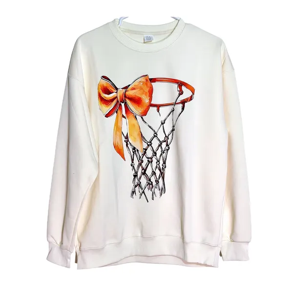 NWT Basketball Game Day Bow Graphic Crewneck Sweatshirt Apricot Medium - Image 3