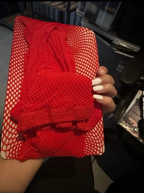 Red fishnet stockings with a classic open - Image 3