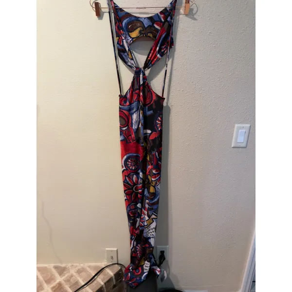 Pia Colors Midi Dress S Multicolor Abstract Floral Twist Front Cutout Open Back - Image 4