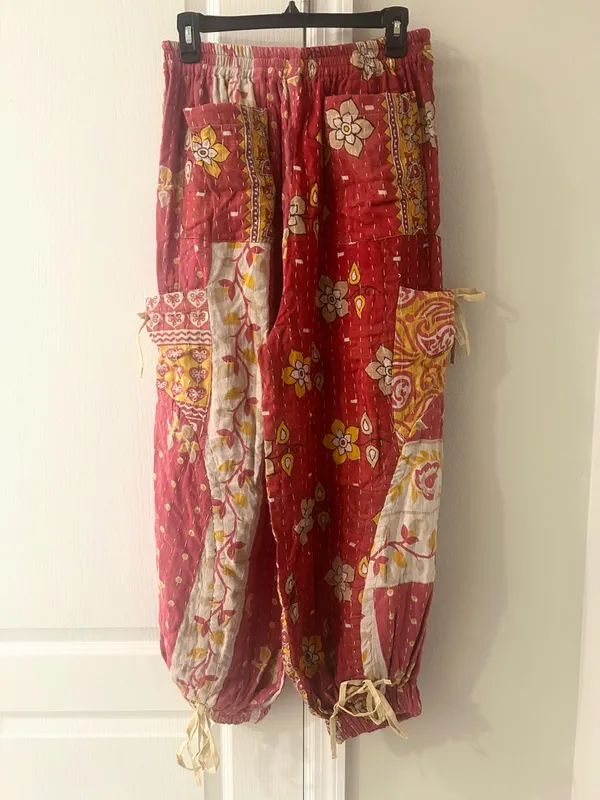 Red and Pink Floral Boho Kantha Jogger Pants - Image 4