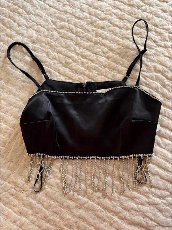 Altar'd State Black satin two piece set with diamond fringe - Image 5