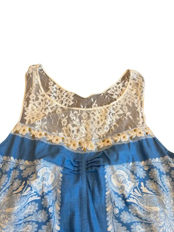 Free People Blue Ivory Paisley Lace Yoke Shift Dress Boho Mini Size 4 Women's - Image 6