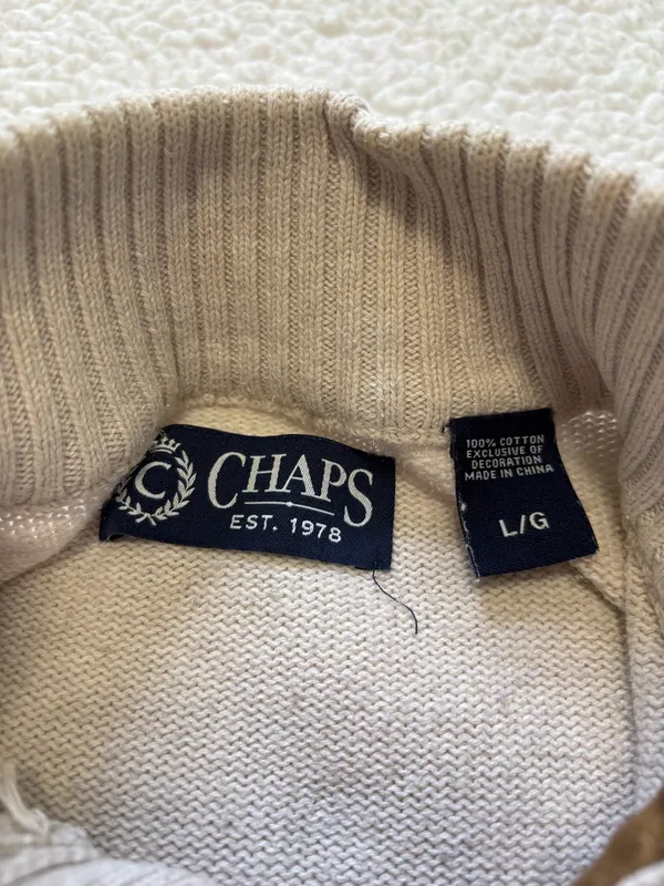 Chaps Ivory Mock Neck Henley Sweater Grandad Acadia Knit Suede Elbow Patch L - Image 4