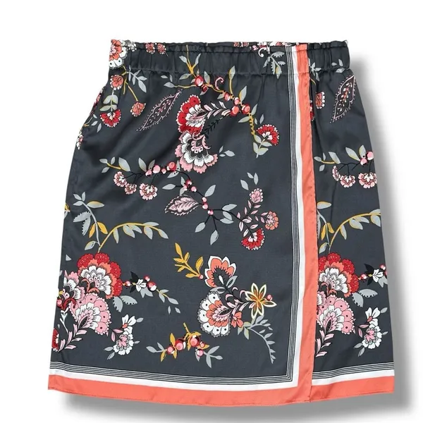 Loft Floral‎ Satin Faux Wrap Scarf Skirt Grey Coral Medium - Image 13