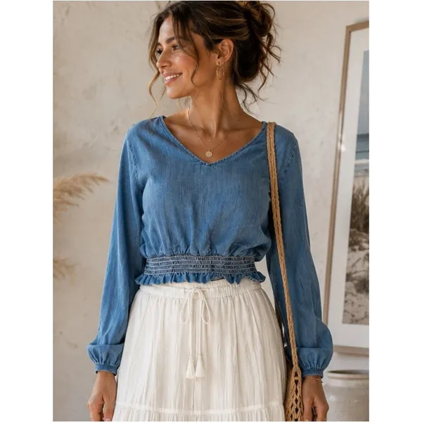 Cloth & Stone Anthropologie Smocked Waist Blouse Tencel Denim Chambray Top S - Image 7
