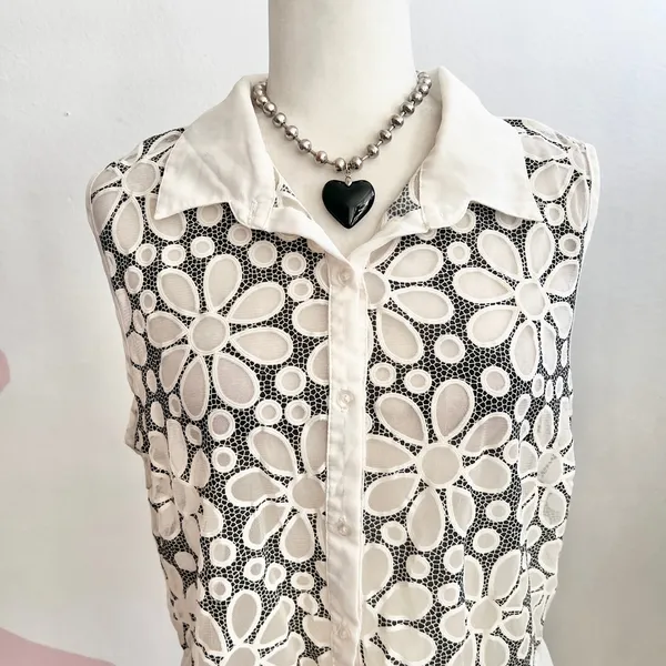 White 3D Flower Mesh‎ Sheer Top Y2K Fairycore Coquette Bridal XL - Image 2
