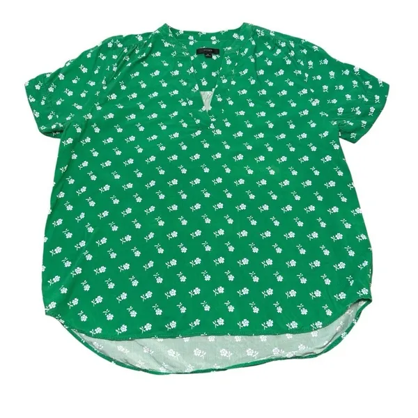 J.Crew Green Floral Print V Neck Short Sleeve Blouse Feminine Cheerful Botanical Medium - Image 2