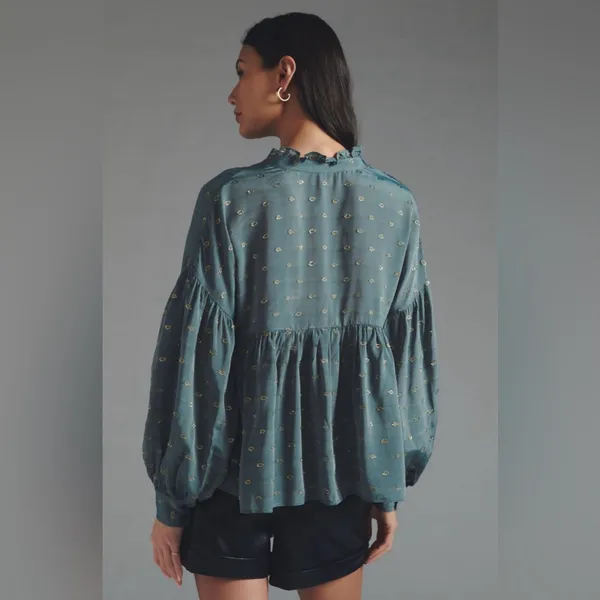 By Anthropologie Women’s Ruffled Peasant Blouse in Blue/Gold Metallic M - Image 4