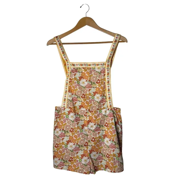 So Me Floral Romper Women Medium Orange Yellow Retro 70s Cotton Boho Cottagecore - Image 2