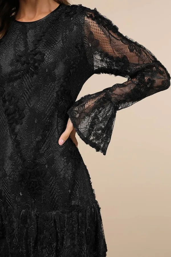 Lulus Black Ruffled Lace Dress - Image 2