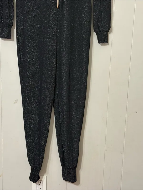 Savage X Fenty Sleep & Shine Hooded Jumpsuit Black Glitter Sz S Zip Front Lounge - Image 3