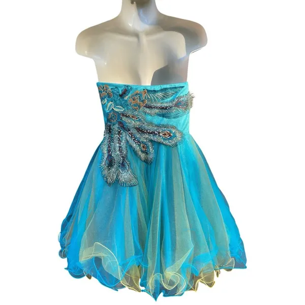 Whimsigoth Peacock Beaded Embroidered Corset Tulle Mini Dress Dave & Johnny Sz 0 - Image 4
